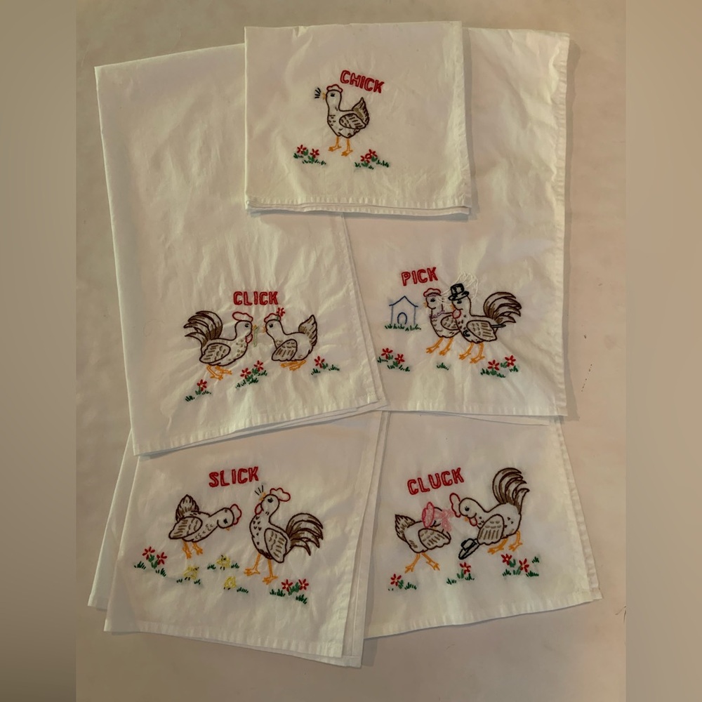 Vintage Hand Embroidered Chicken Design Flour Sack Kitchen Towels Set Of 5